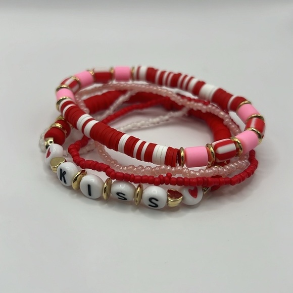 KISS Letter Pink and Red Valentine’s Bracelet Stack - Picture 1 of 4